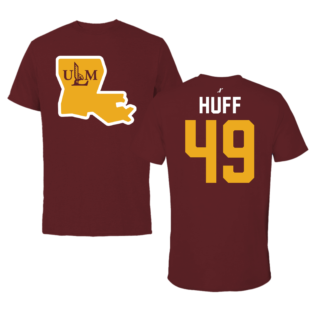 University of Louisiana Monroe Baseball Maroon State Tee - #49 Hollis Huff