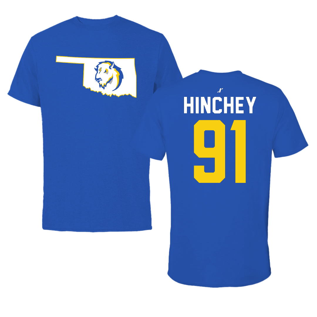 Southeastern Oklahoma State University Football Blue State Tee - #91 Damon Hinchey