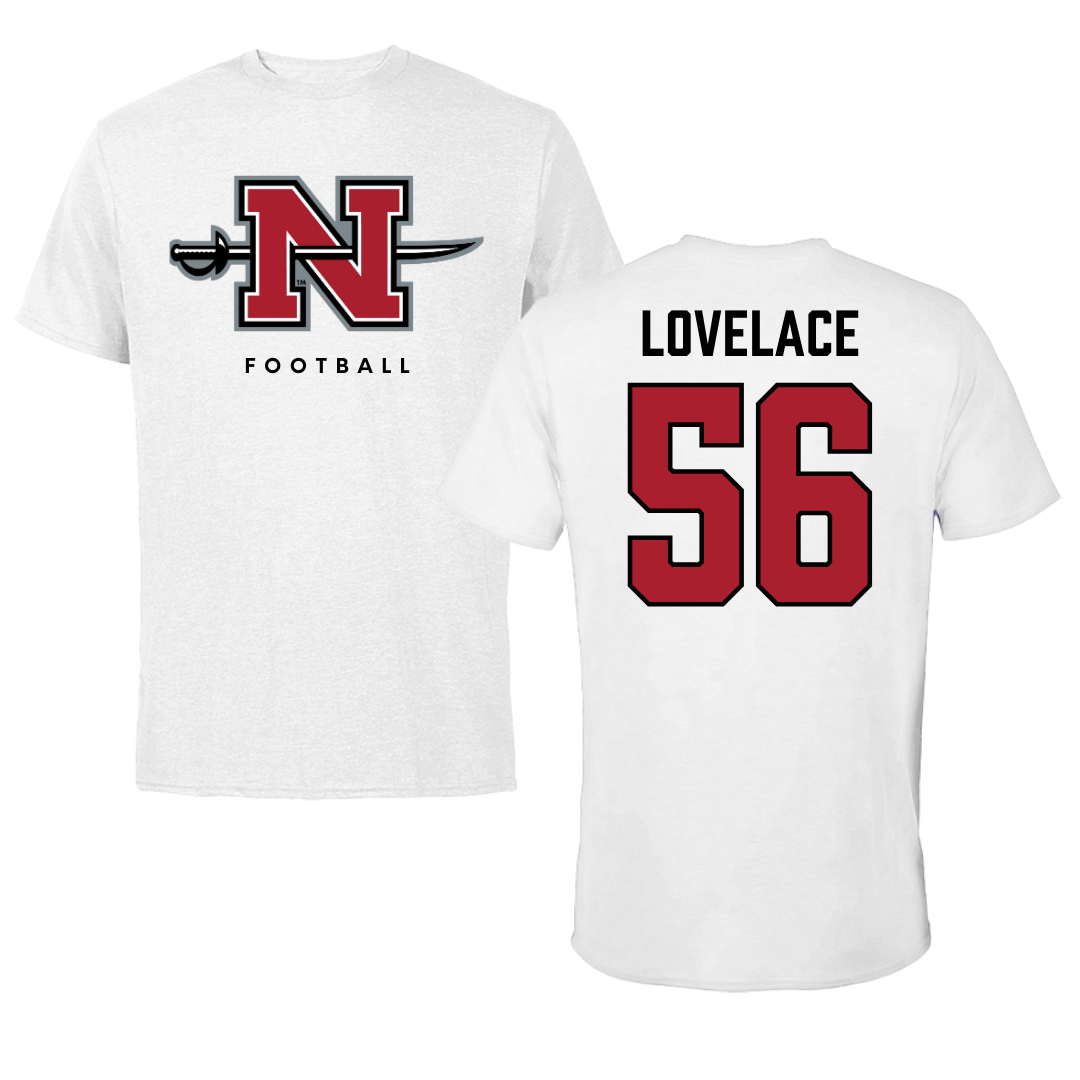 Nicholls State University Football White Tee - #56 Rasheed Lovelace