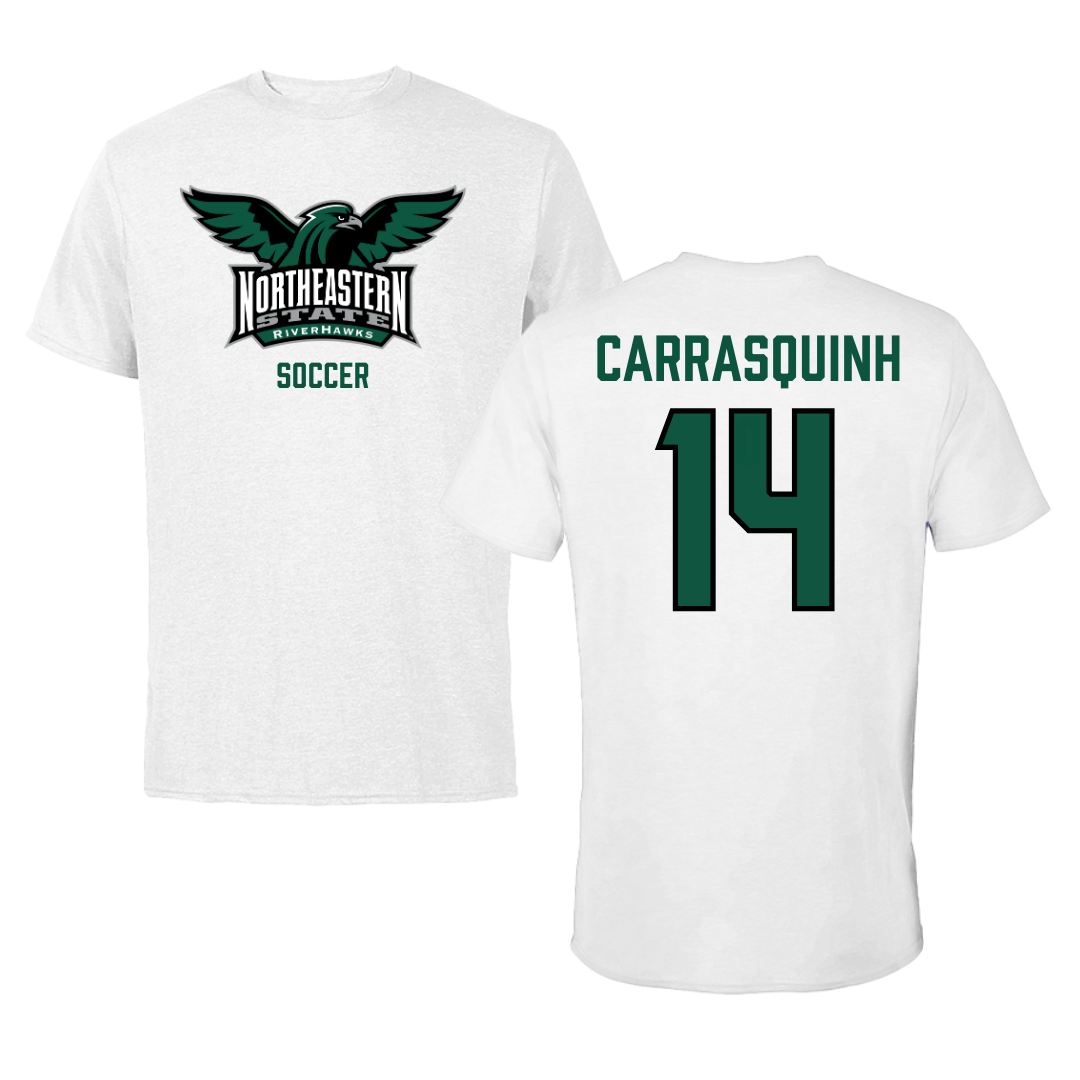 Northeastern State University Soccer White Performance Tee - #14 Miguel Carrasquinho