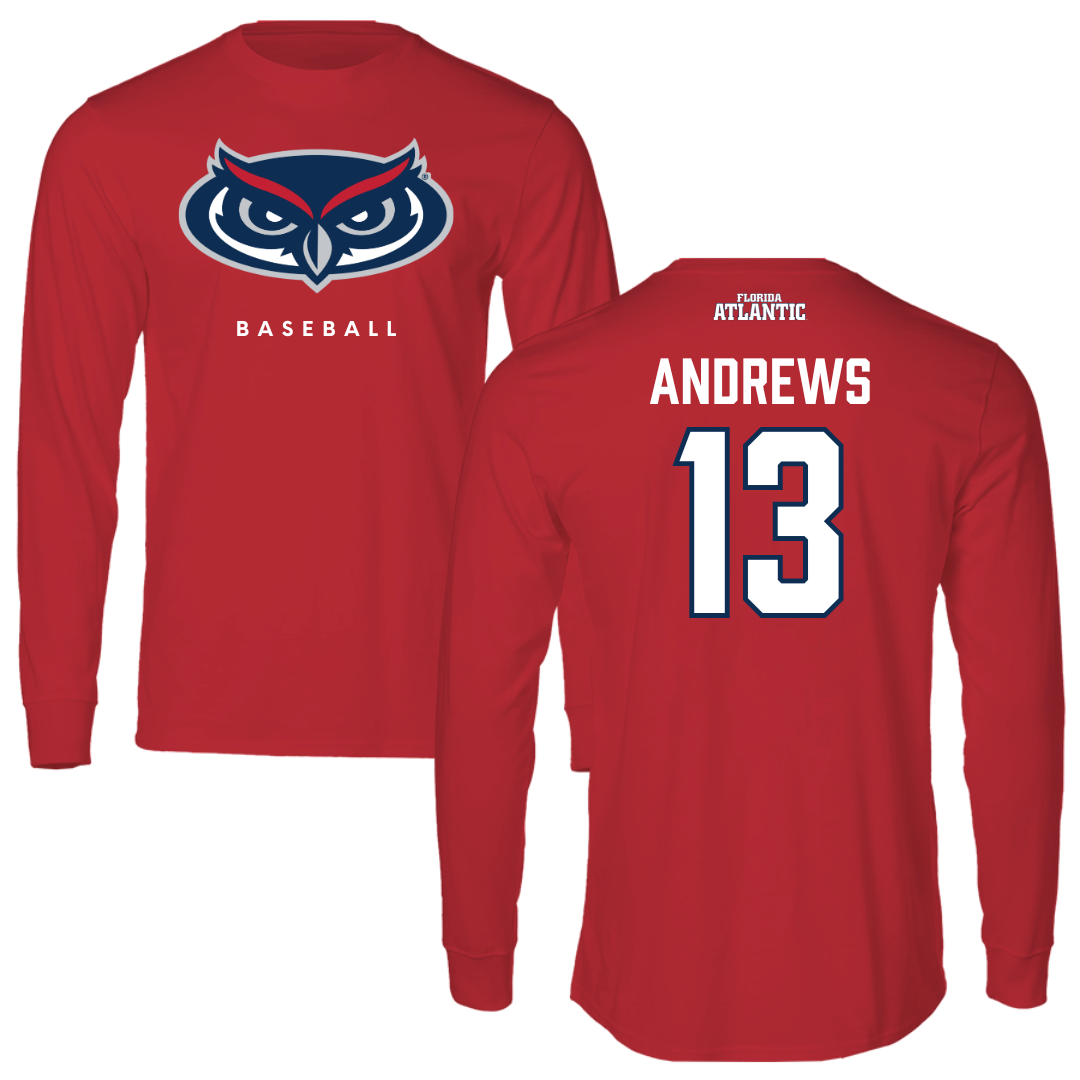 Florida Atlantic University Baseball Red Performance Long Sleeve - #13 Steven Andrews