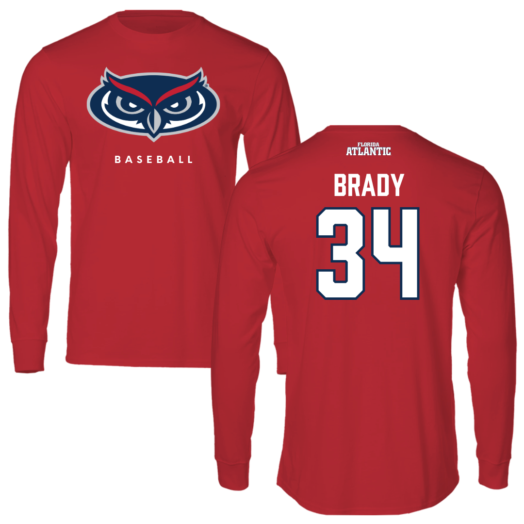 Florida Atlantic University Baseball Red Performance Long Sleeve - #34 Carter Brady