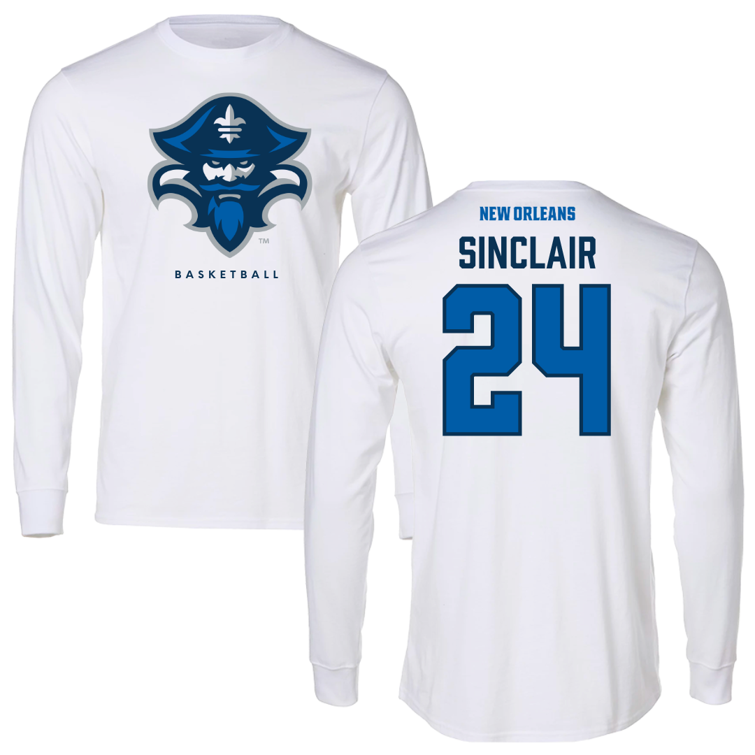 University of New Orleans Basketball White Performance Long Sleeve - #24 Cole Sinclair