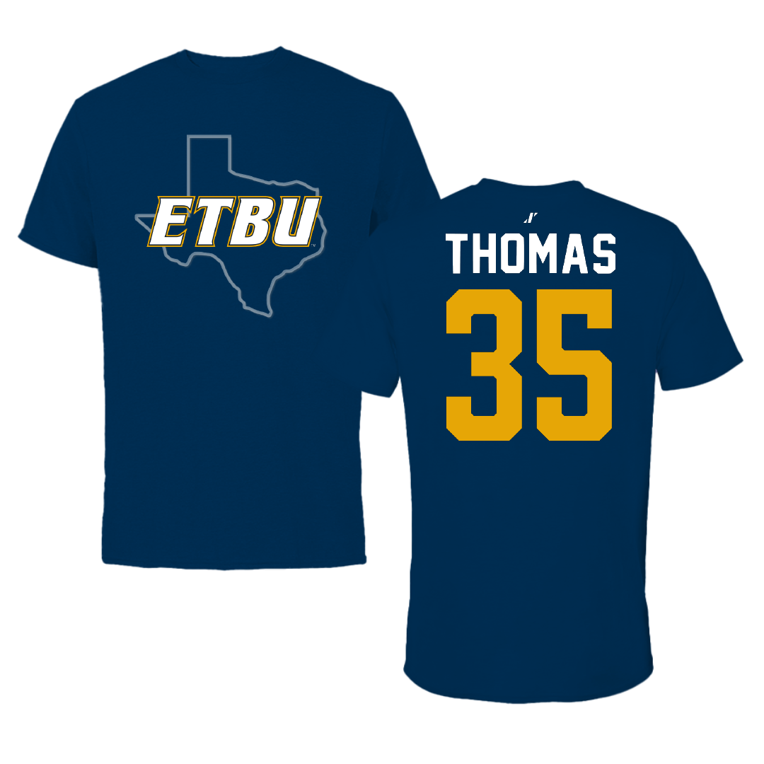 East Texas Baptist University Football Navy State Performance Tee - #35 Brandon Thomas