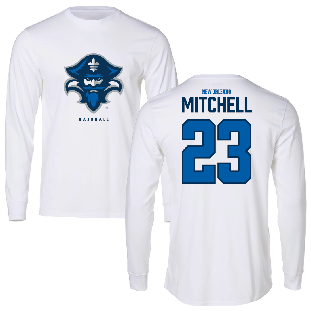 University of New Orleans Baseball White Performance Long Sleeve - #23 Cade Mitchell