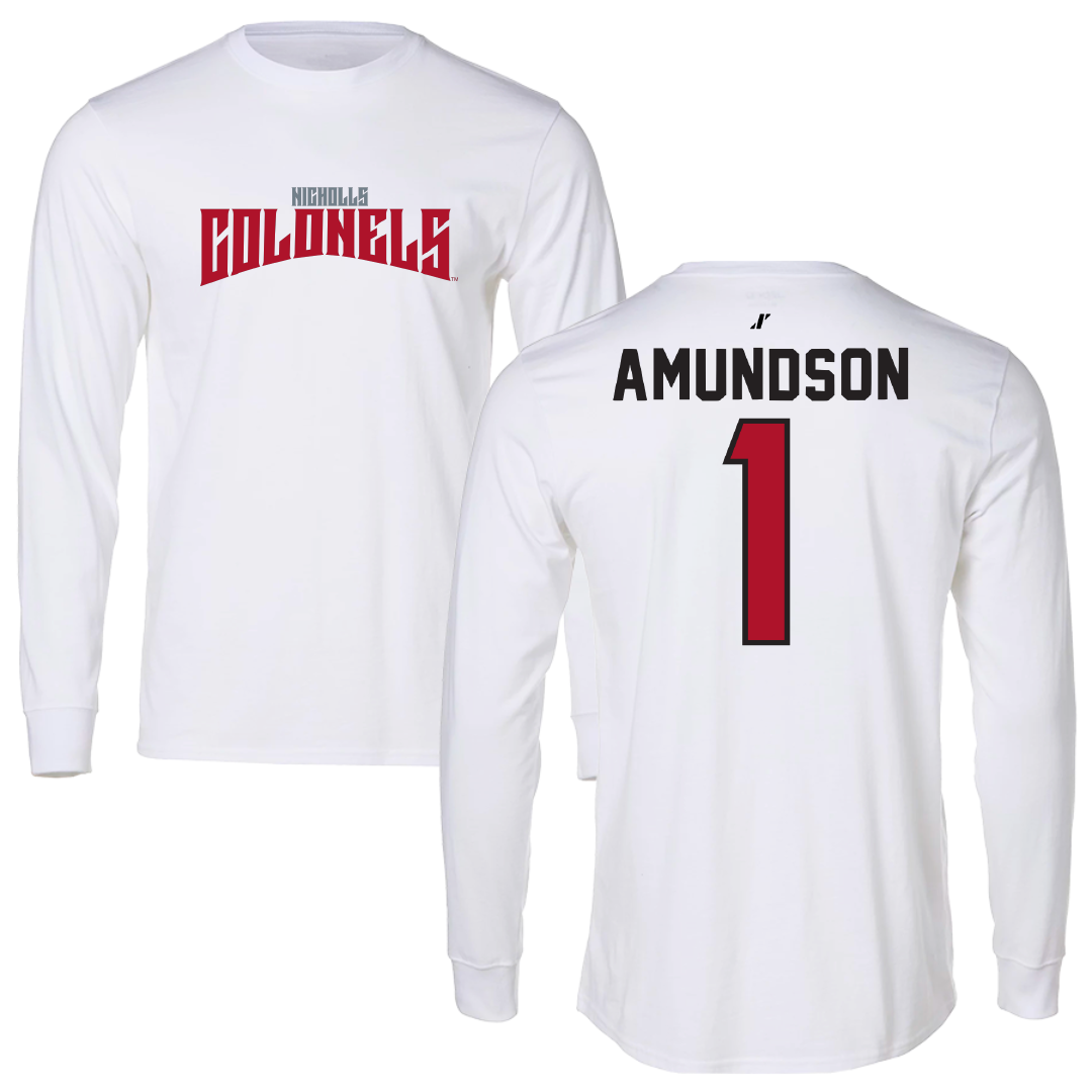 Nicholls State University Baseball White Classic Performance Long Sleeve - #1 Kaden Amundson
