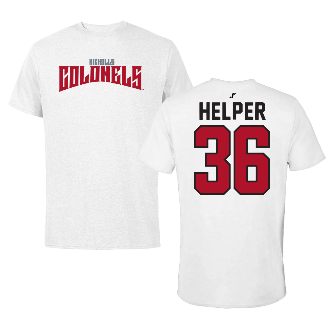Nicholls State University Football White Classic Tee - #36 Justin Helper