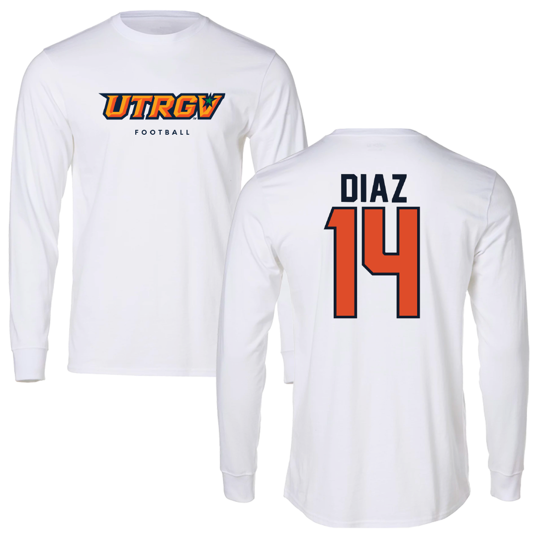 The University of Texas Rio Grande Valley Football White Long Sleeve - #14 Tony Diaz