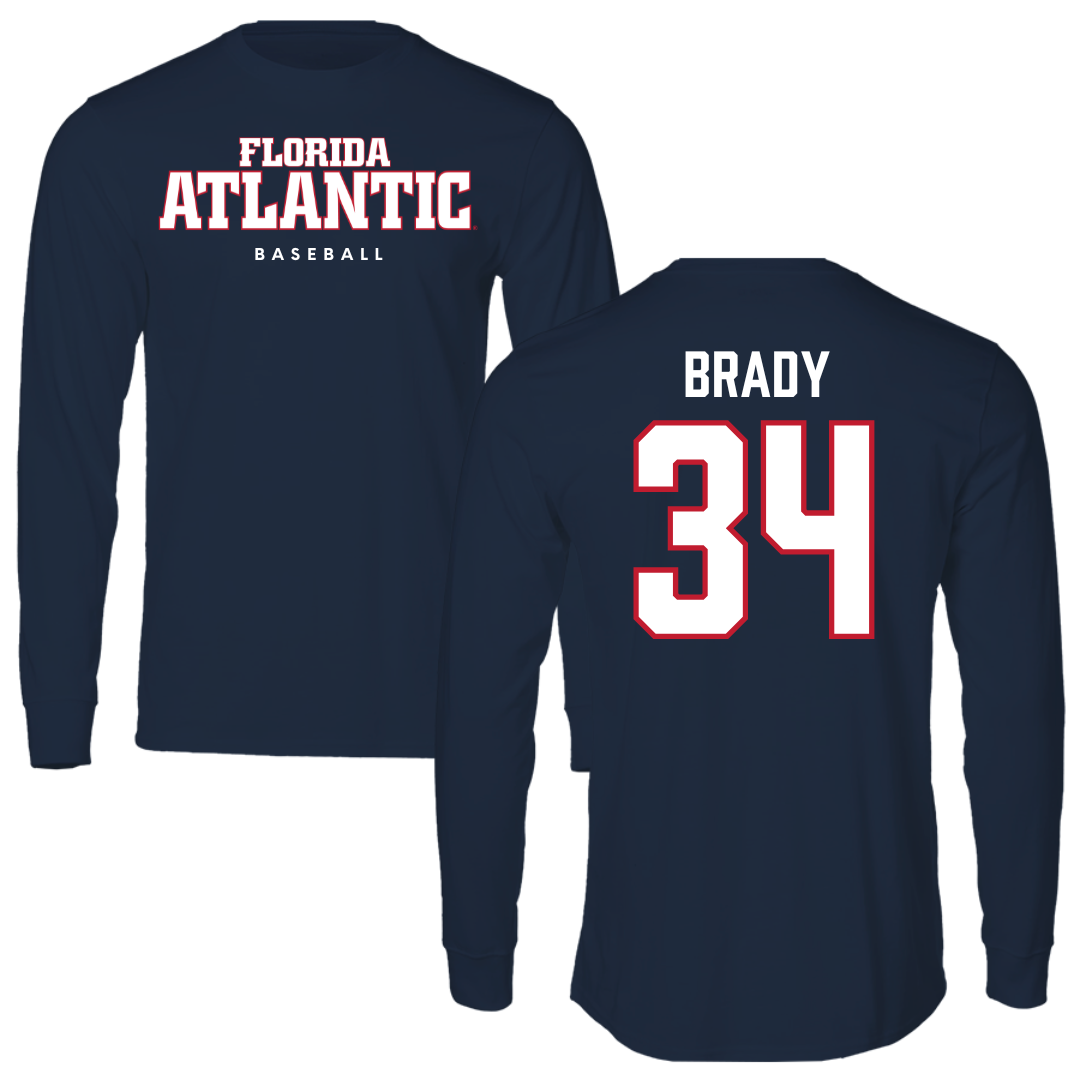 Florida Atlantic University Baseball Navy Block Performance Long Sleeve - #34 Carter Brady