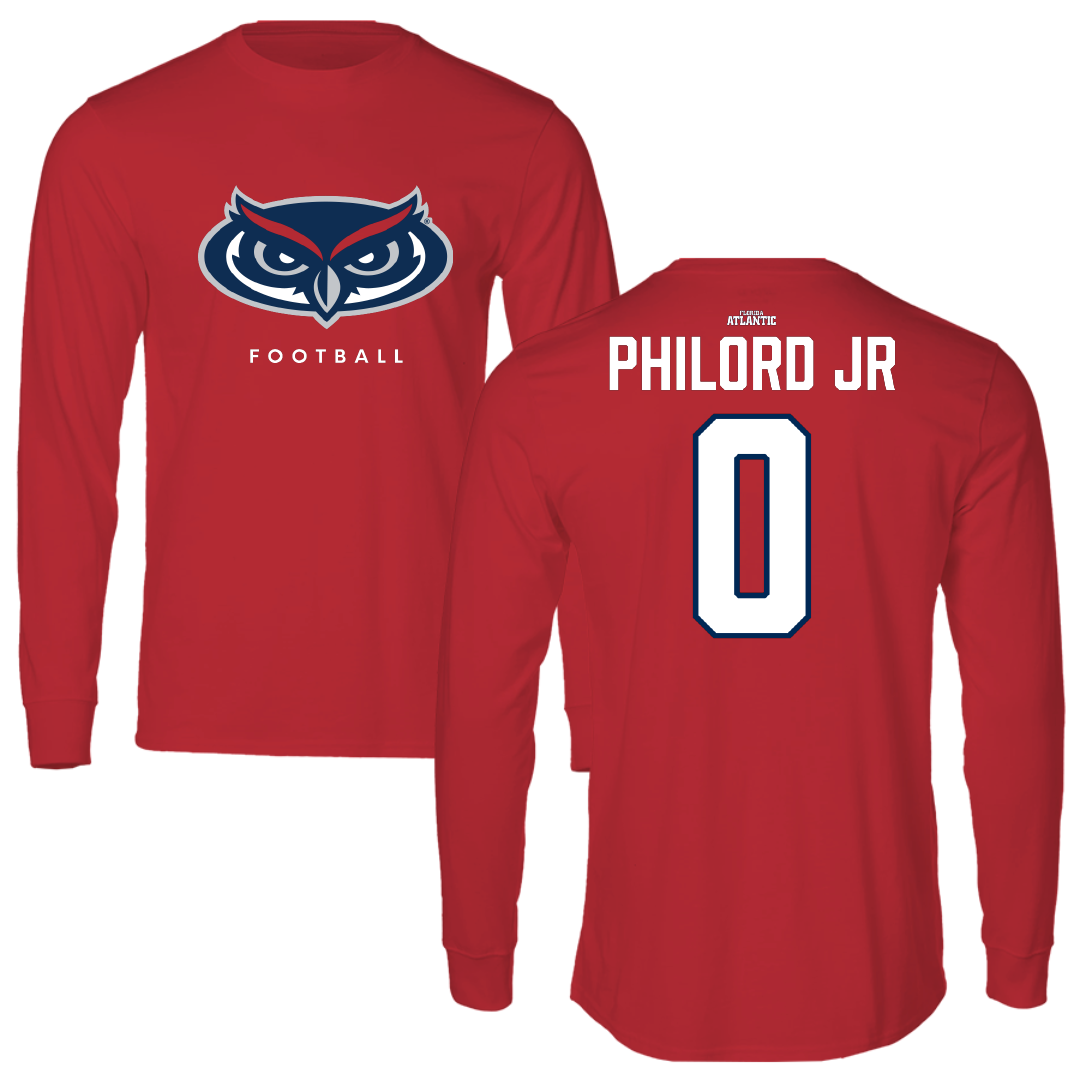 Florida Atlantic University Football Red Long Sleeve - #0 Wendol Philord Jr