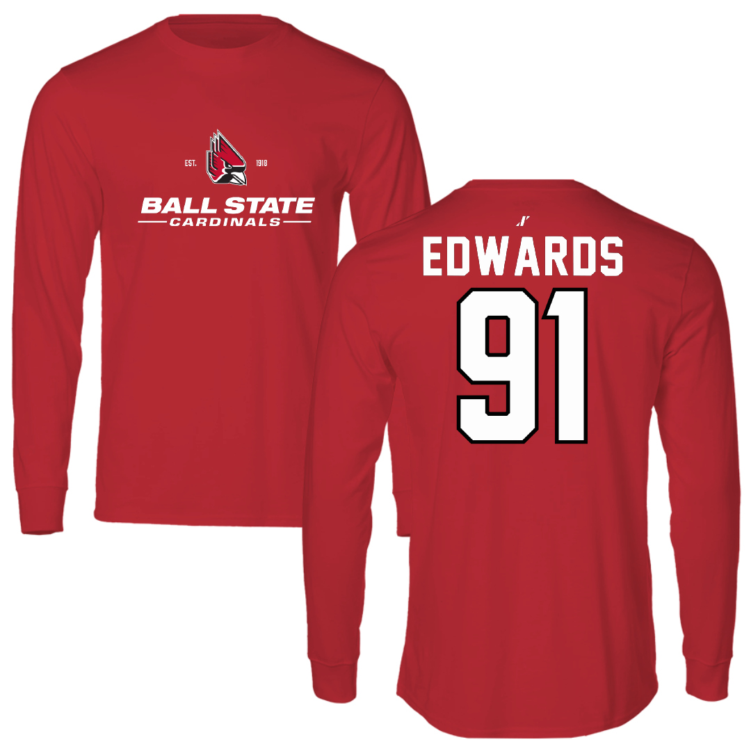 Ball State University Football Red General Performance Long Sleeve - #91 Eli Edwards