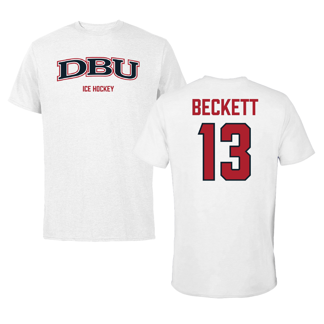 Dallas Baptist University Ice Hockey (M) White Performance Tee - #13 Christian Beckett