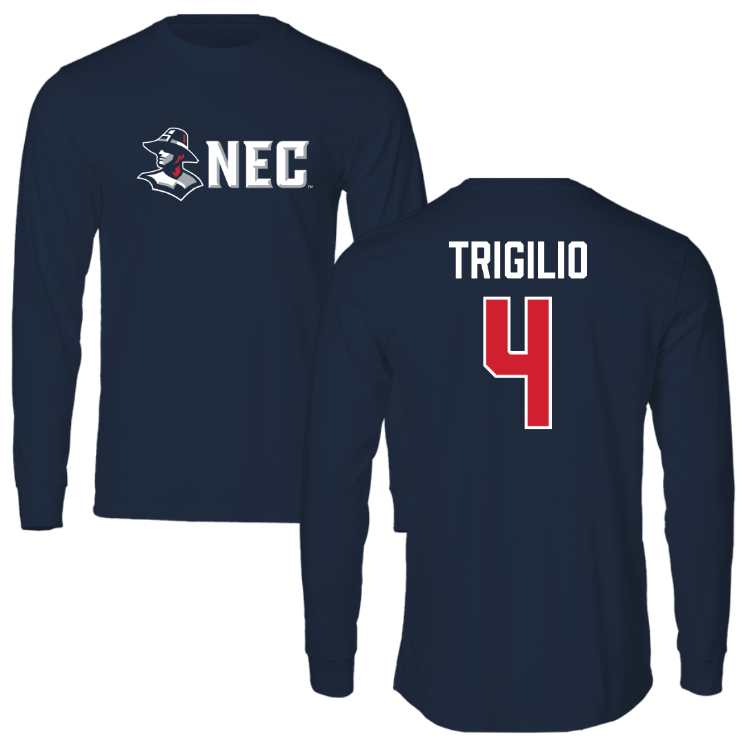 New England College Baseball Navy Performance Long Sleeve - #4 Bobby Trigilio
