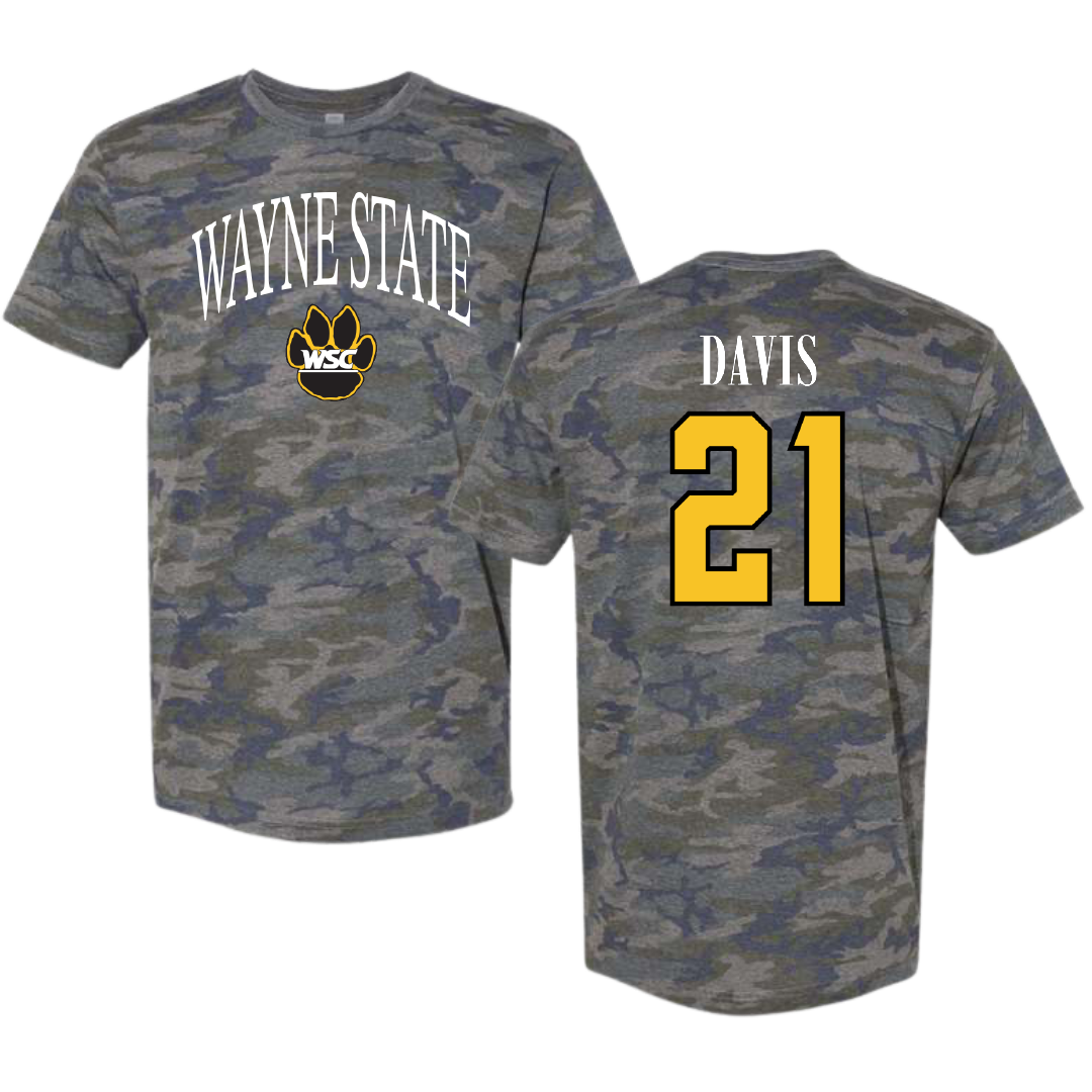 Wayne State College (Nebraska) Soccer Vintage Camo Tee - #21 Rachel Davis