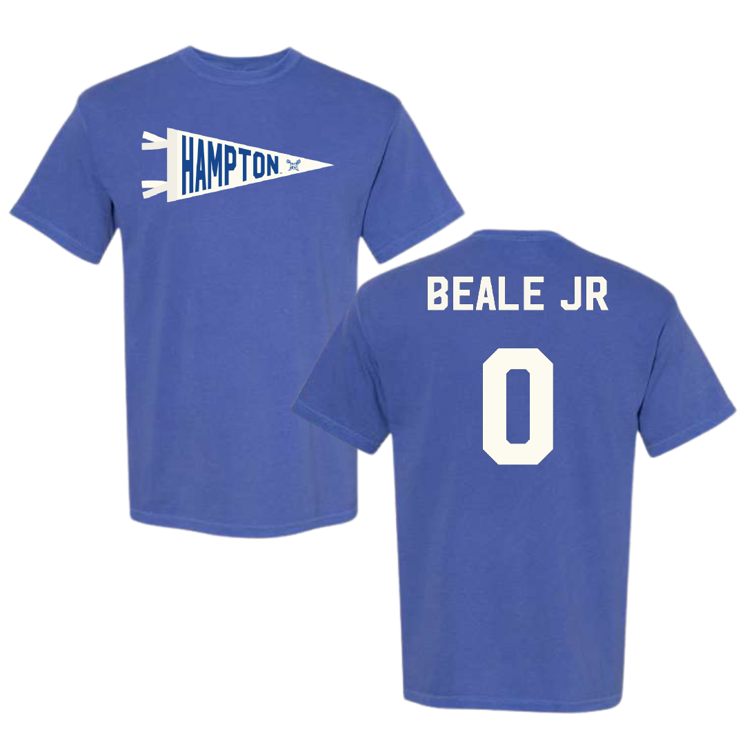 Hampton University Basketball Blue Pennant Comfort Colors Tee - #0 George Beale Jr