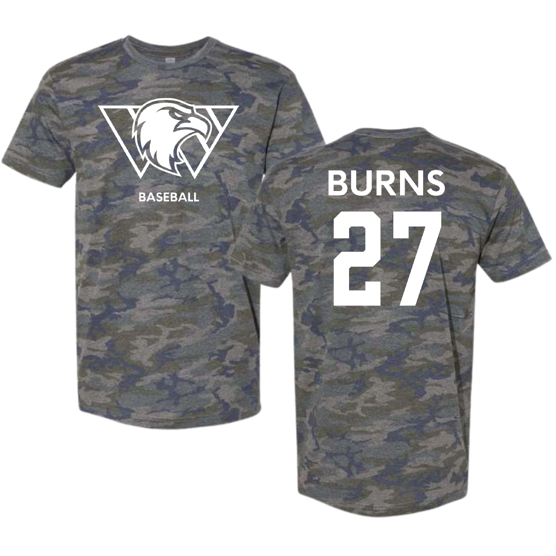 Williams Baptist University Baseball Vintage Camo Tee - #27 Noah Burns