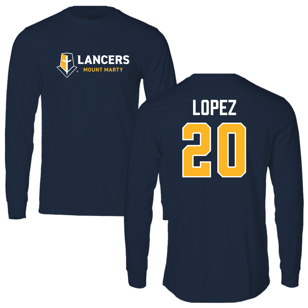 Mount Marty University Basketball Navy Performance Long Sleeve - #20 Jared Lopez