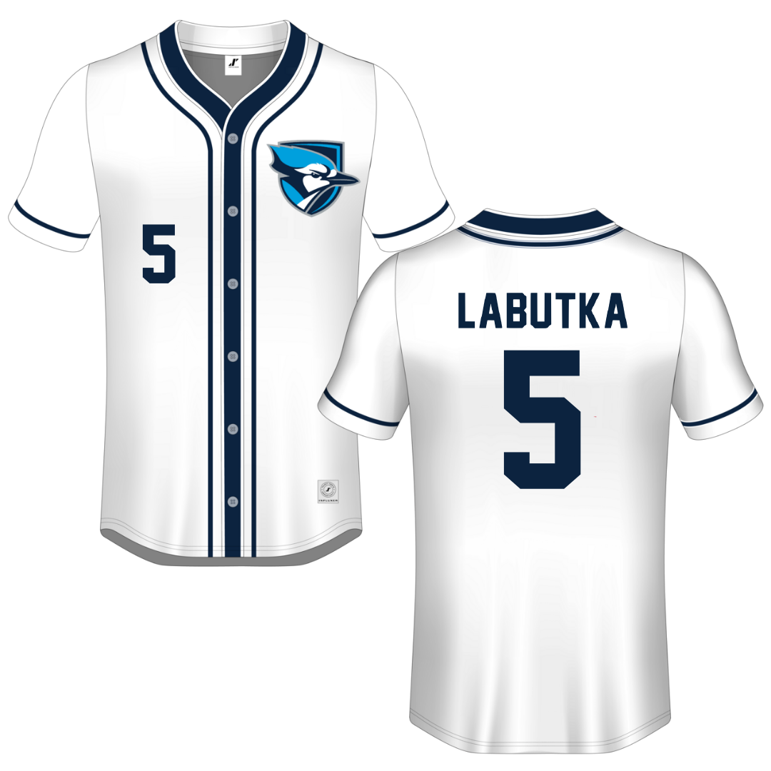 Elmhurst University White Button-Down Jersey - #5 Benjamin Labutka