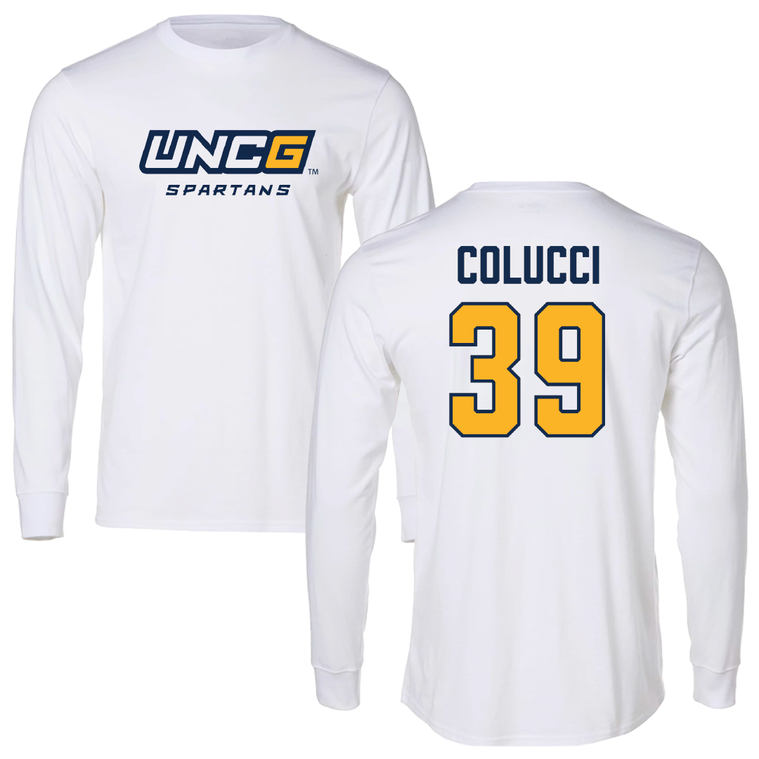 UNC Greensboro Baseball White Performance Long Sleeve - #39 Jake Colucci