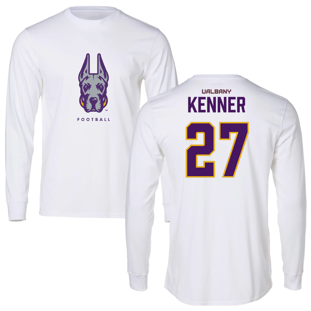 University at Albany Football White Performance Long Sleeve - #27 Keon Kenner