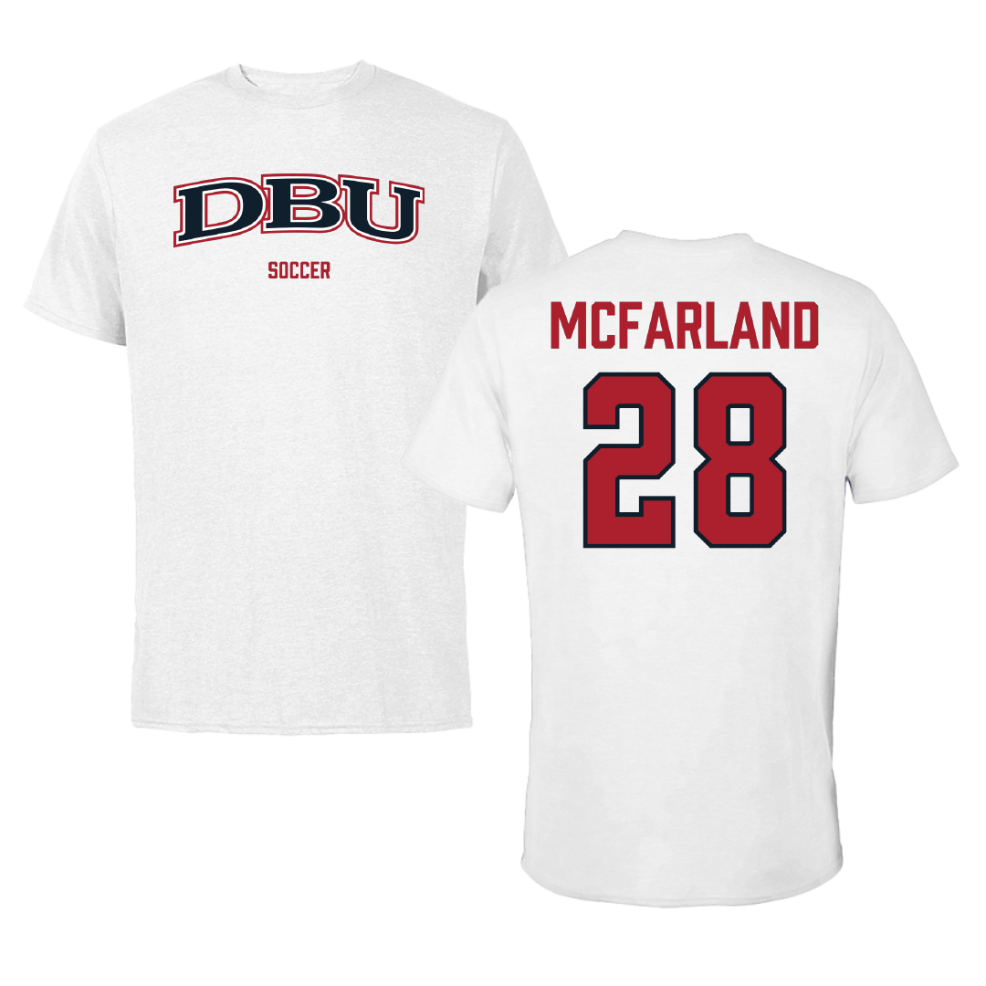 Dallas Baptist University Soccer (M) White Tee - #28 Riley McFarland