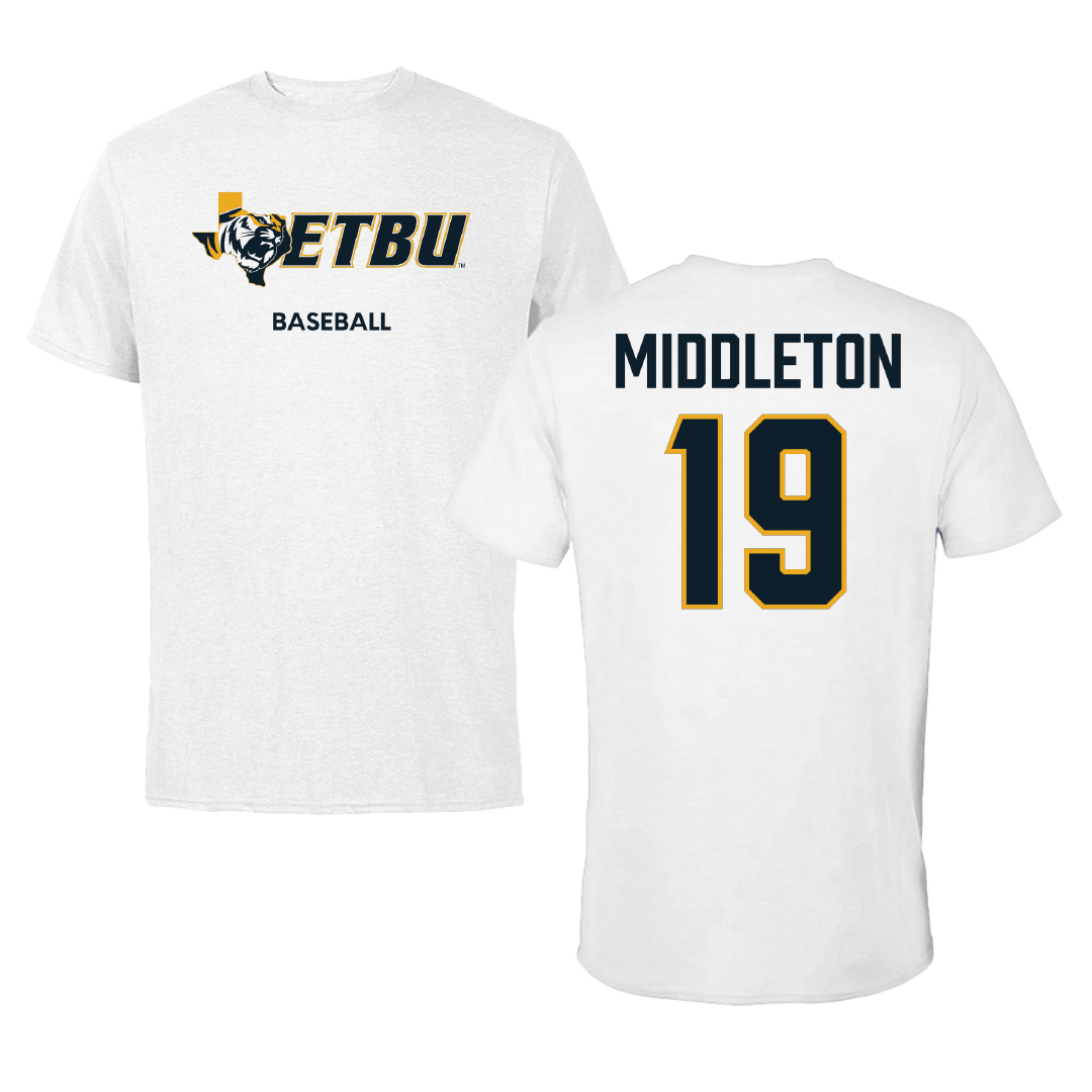 East Texas Baptist University Baseball White Performance Tee - #19 Grant Middleton