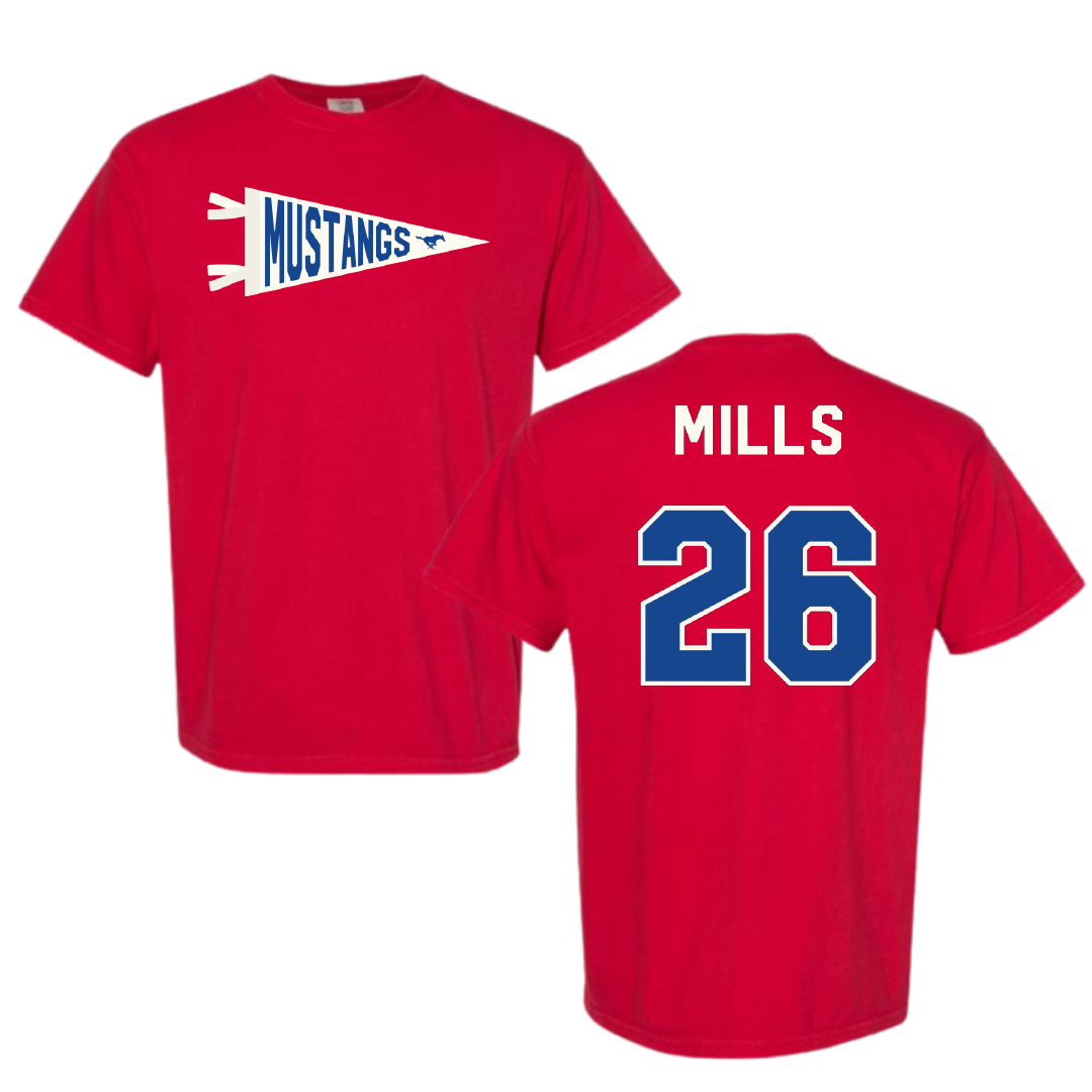 Southern Methodist University Football Red Pennant Comfort Colors Tee - #26 Keyshon Mills
