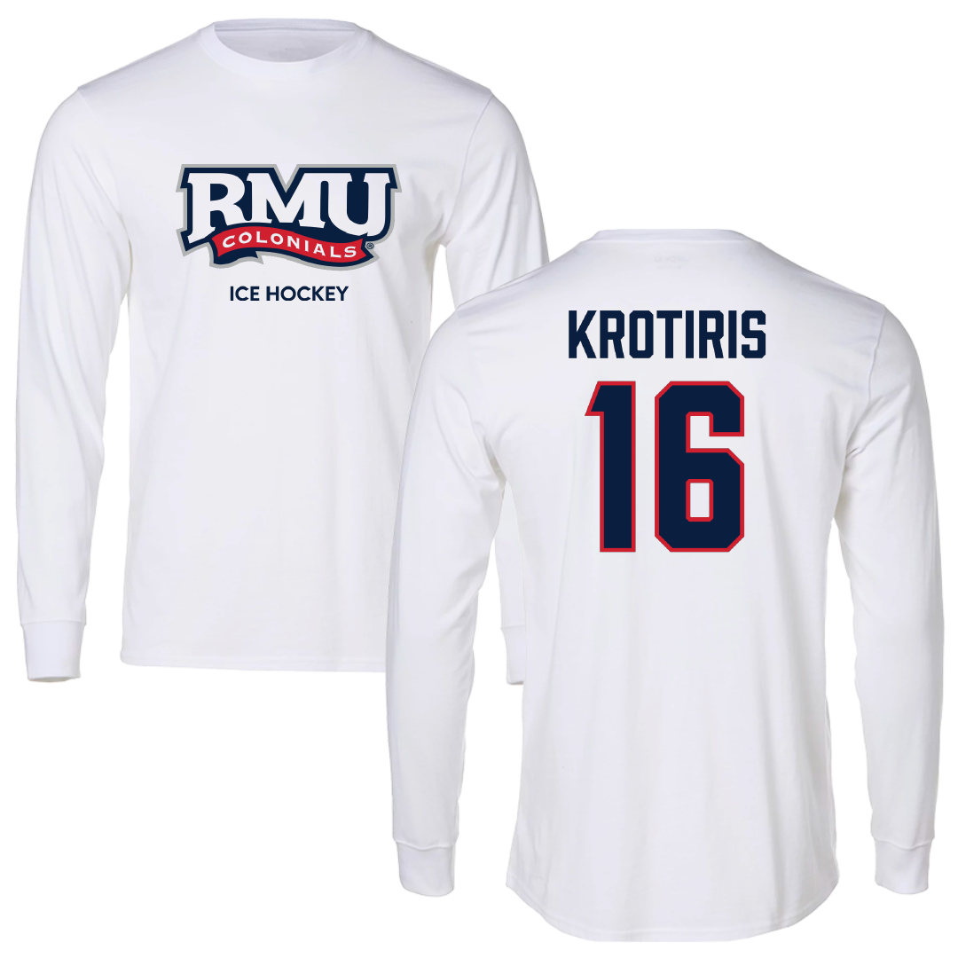 Robert Morris University Ice Hockey (M) White Mascot Performance Long Sleeve - #16 George Krotiris