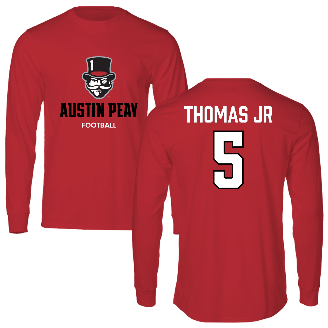 Austin Peay State University Football Red Mascot Performance Long Sleeve - #5 Rashaud Thomas Jr