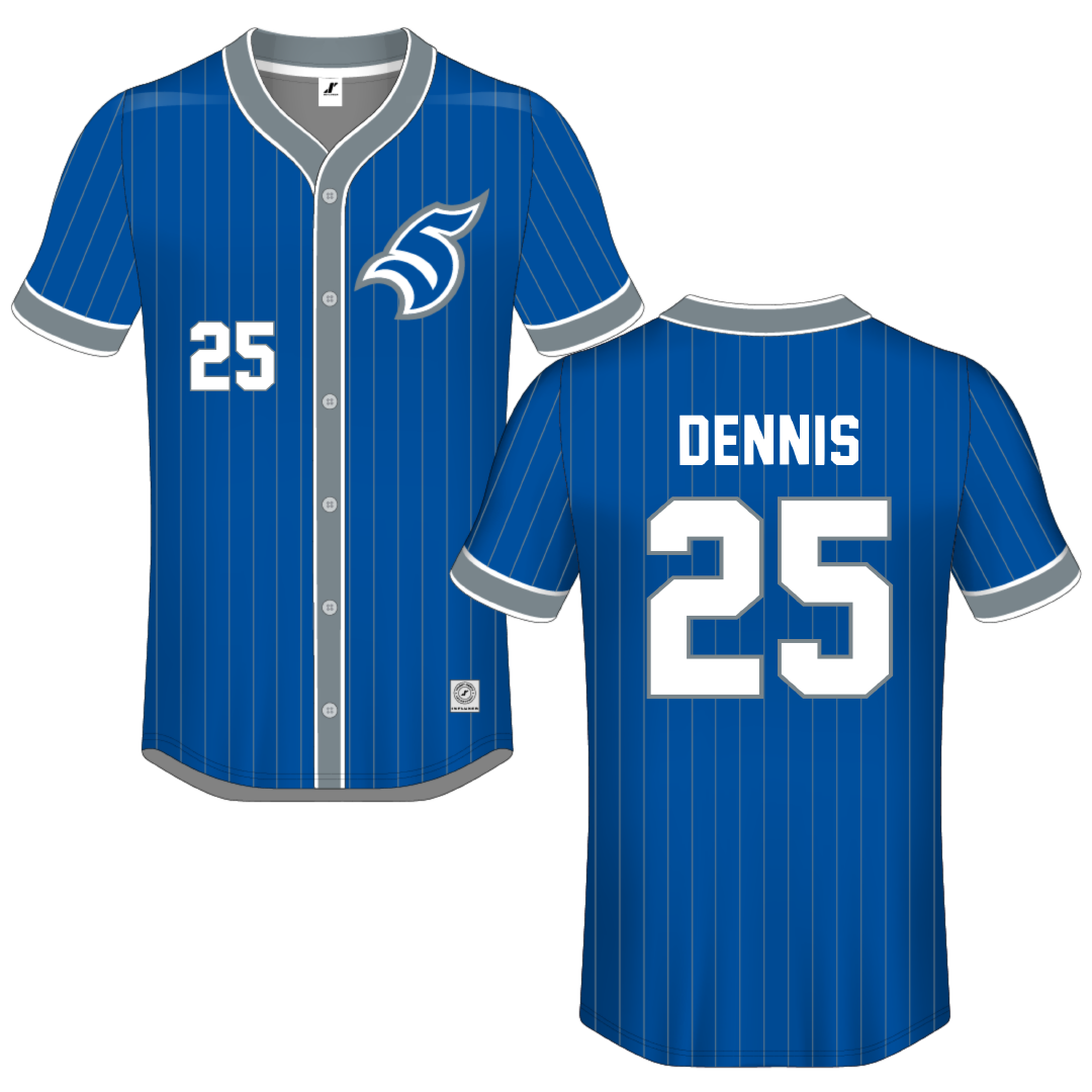 Thomas More University Blue Pinstripe Button-Down Jersey - #25 Austin Dennis