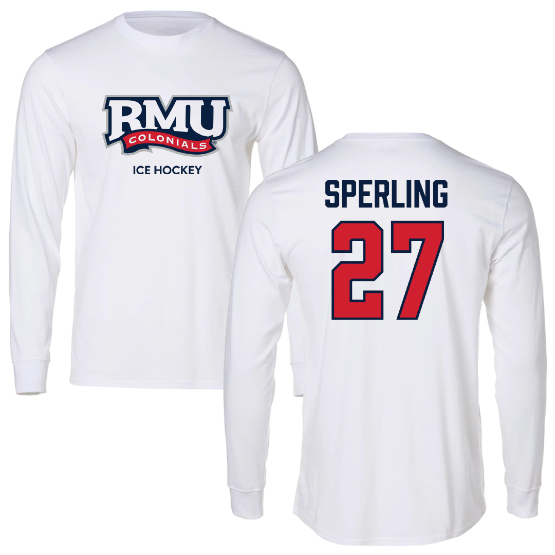 Robert Morris University Ice Hockey (W) White Performance Long Sleeve - #27 Chace Sperling