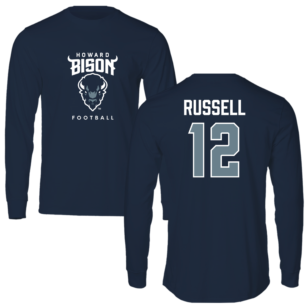 Howard University Football Navy Performance Long Sleeve - #12 Terrell Russell