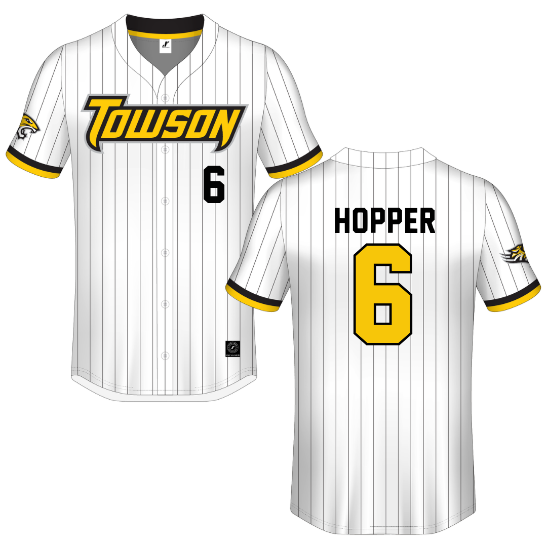 Towson University White Pinstripe Button-Down Jersey - #6 Sara Hopper
