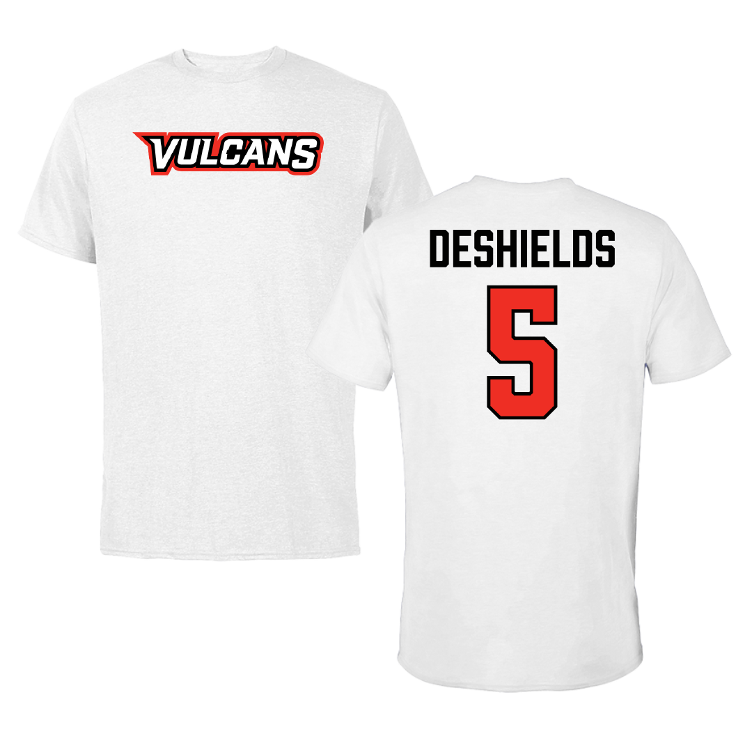 PennWest California Basketball (M) White Performance Tee - #5 Keondre Deshields
