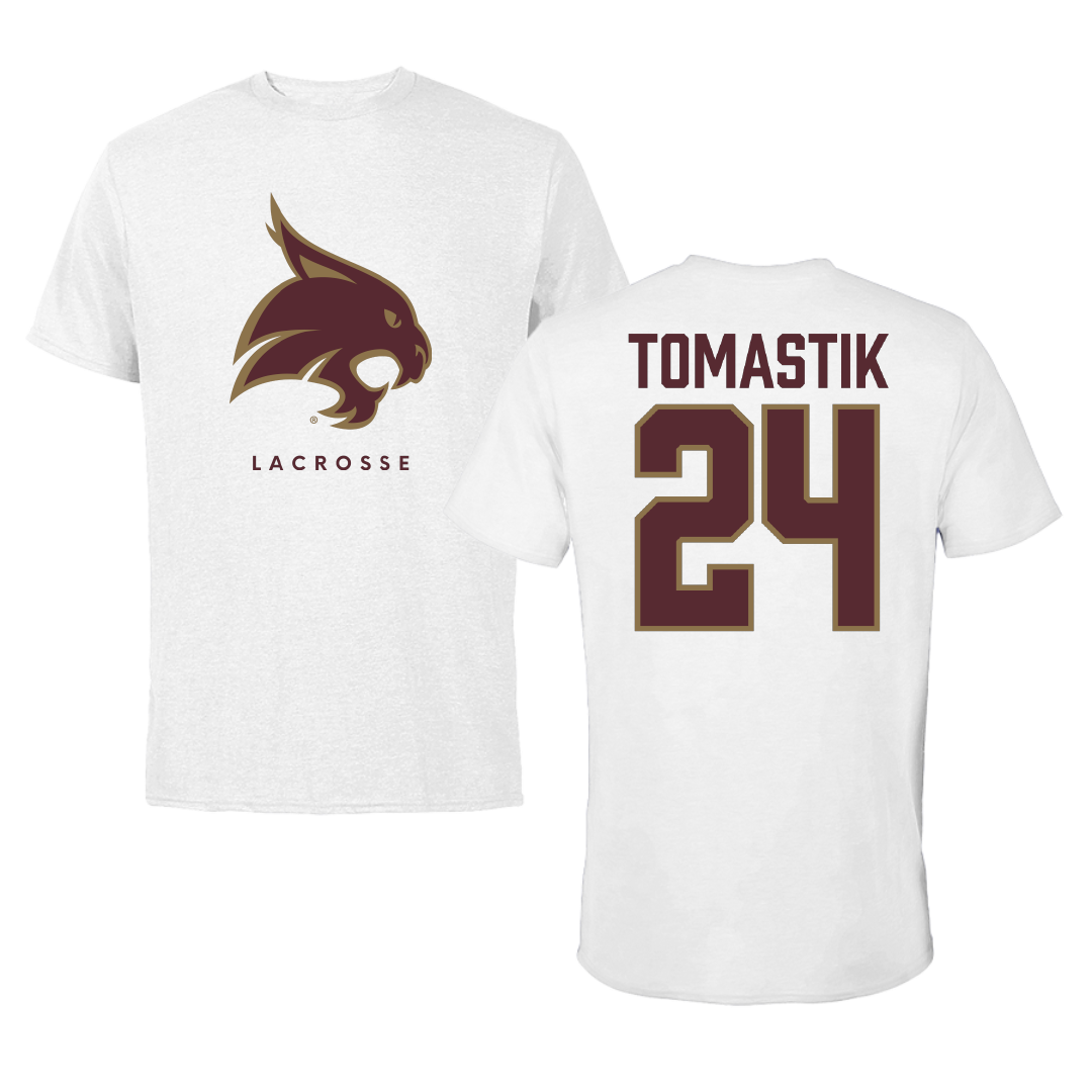 Texas State University Lacrosse White Tee - #24 Evan Tomastik