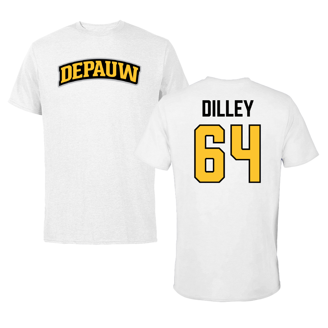 DePauw University Football White Performance Tee - #64 Maddox Dilley