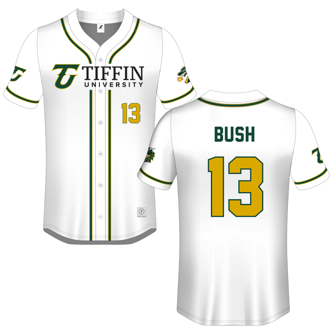 Tiffin University White Button-Down Jersey - #13 Hayden Bush