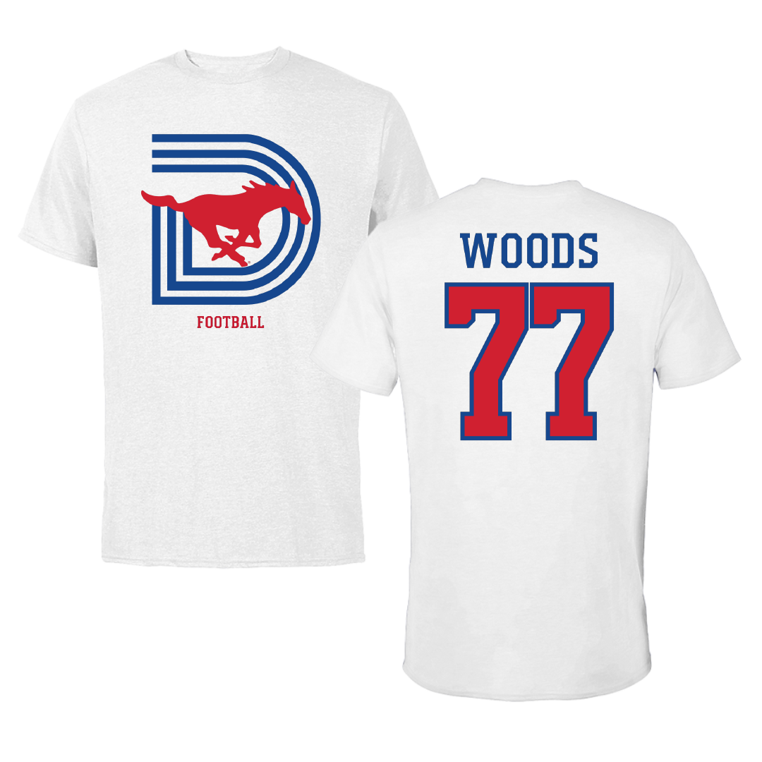 Southern Methodist University Football White Performance Tee - #77 Alex Woods