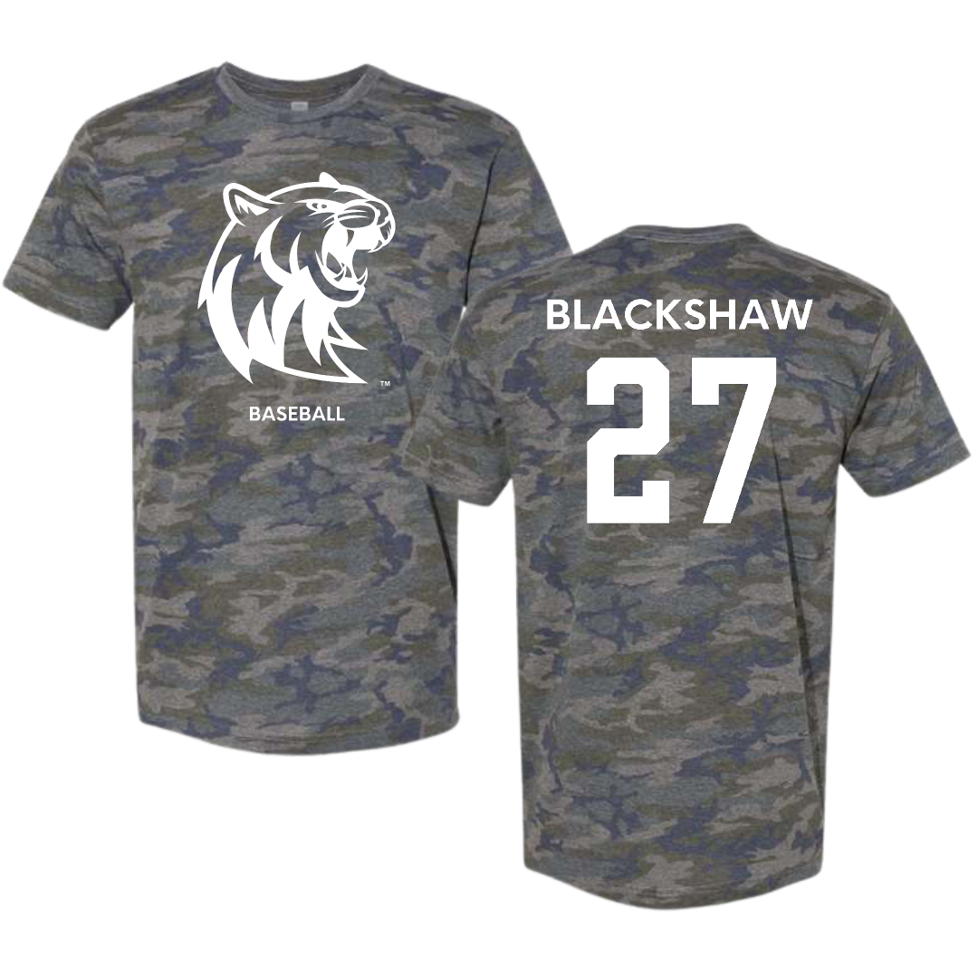 Rogers State University Baseball Vintage Camo Tee - #27 Geovanni Blackshaw