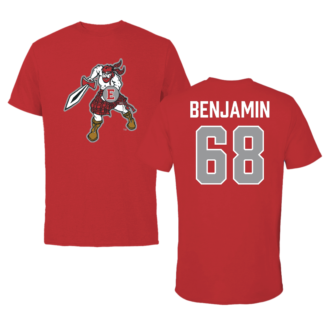PennWest Edinboro Football Red Tee - #68 Jacob Benjamin