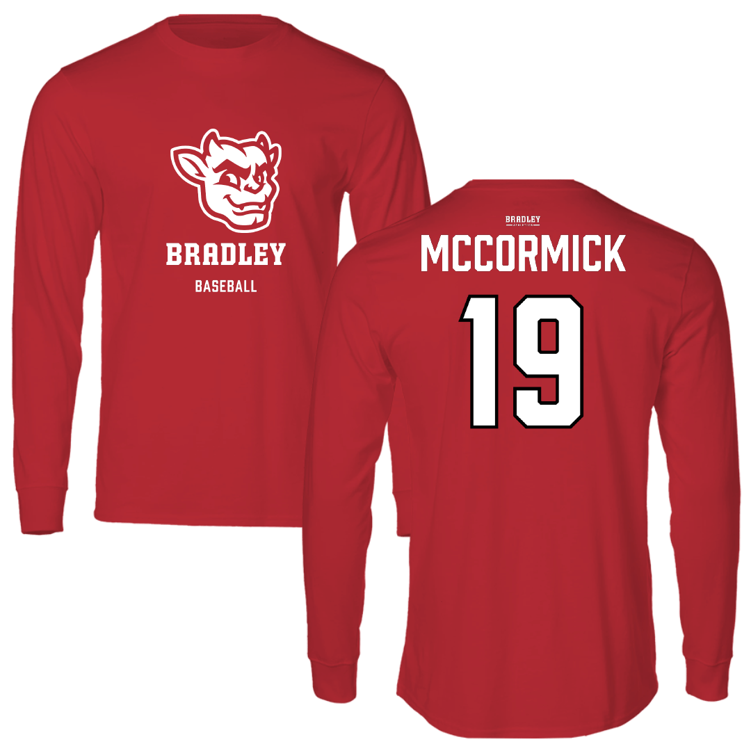 Bradley University Baseball Red Mascot Performance Long Sleeve - #19 Colin McCormick
