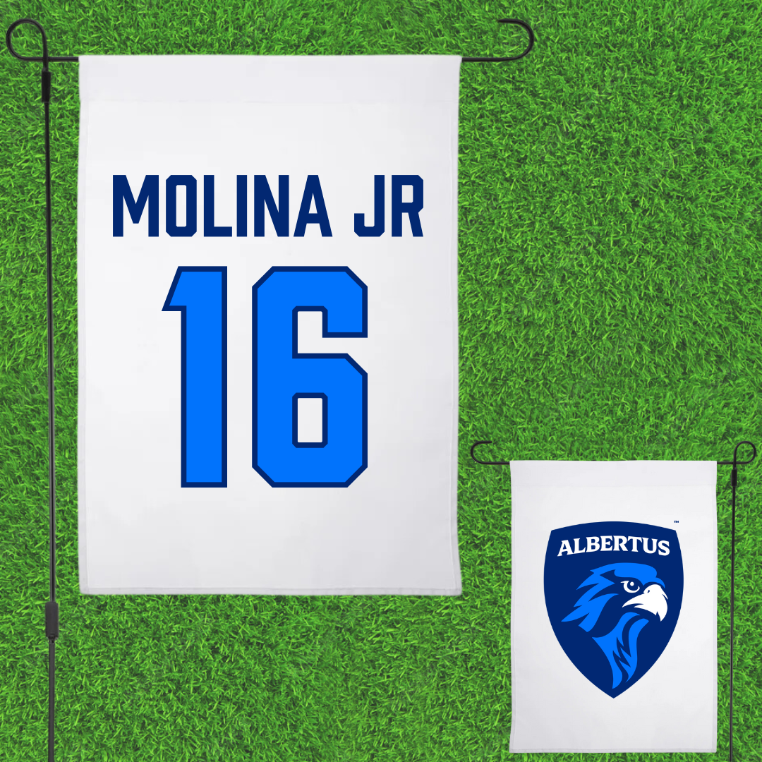 Albertus Magnus College Baseball White Garden Flag - #16 Albert Molina Jr