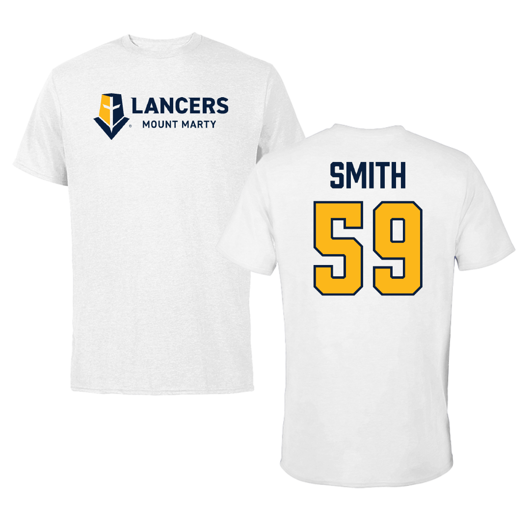 Mount Marty University Football White Performance Tee - #59 Zacchaeus Smith