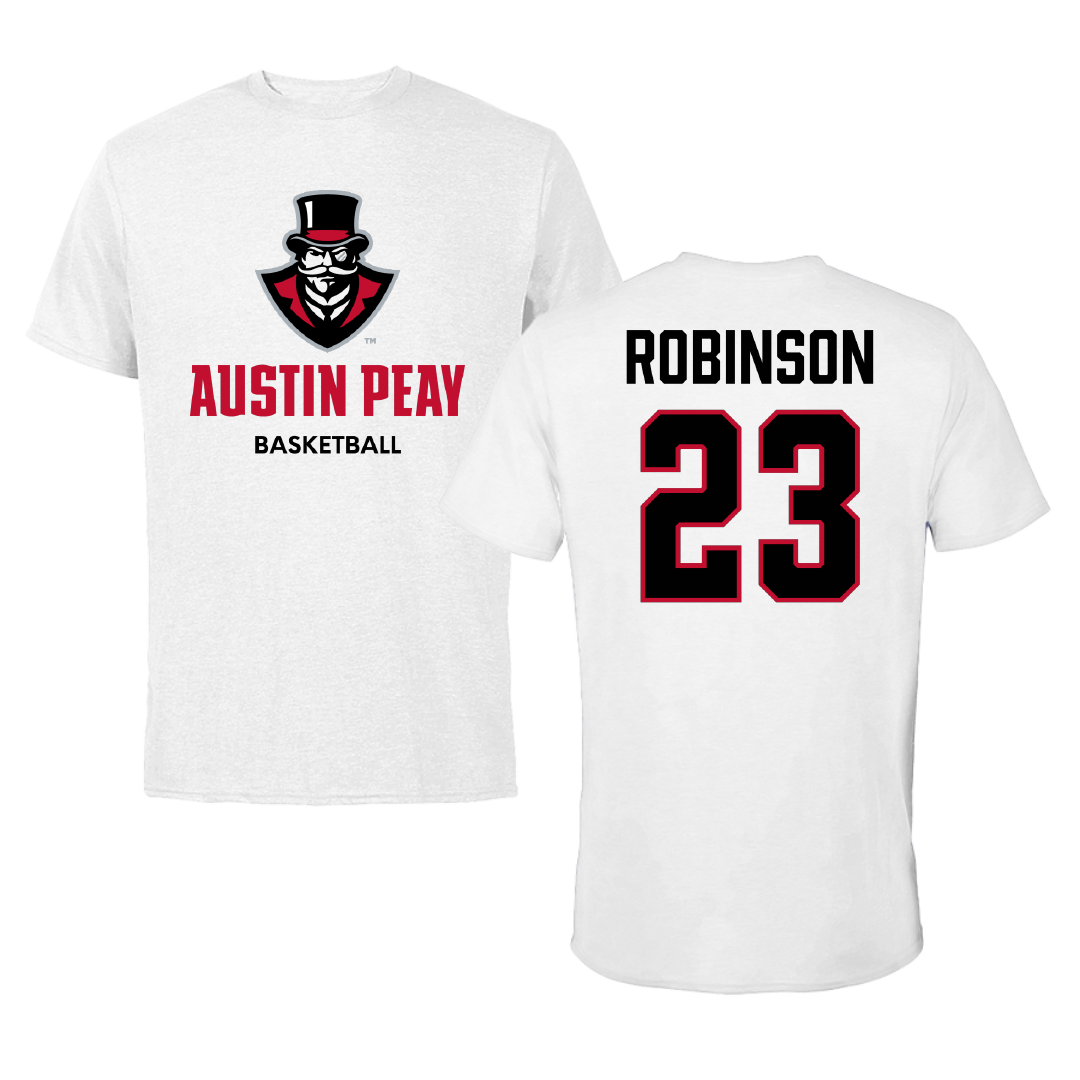 Austin Peay State University Basketball (M) White Performance Tee - #23 Ja'Corey Robinson