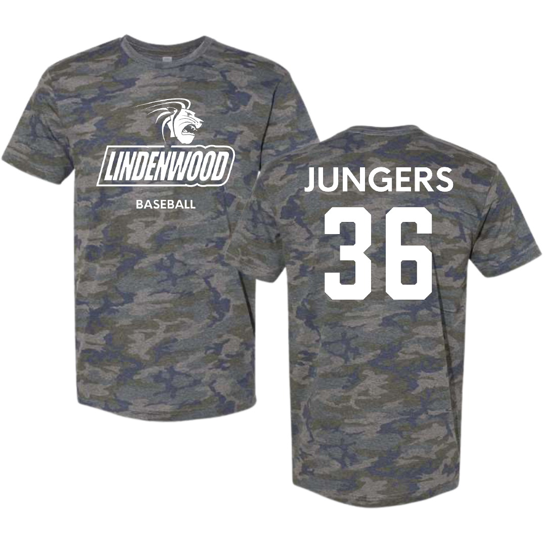 Lindenwood University Baseball Vintage Camo Tee - #36 Aaron Jungers
