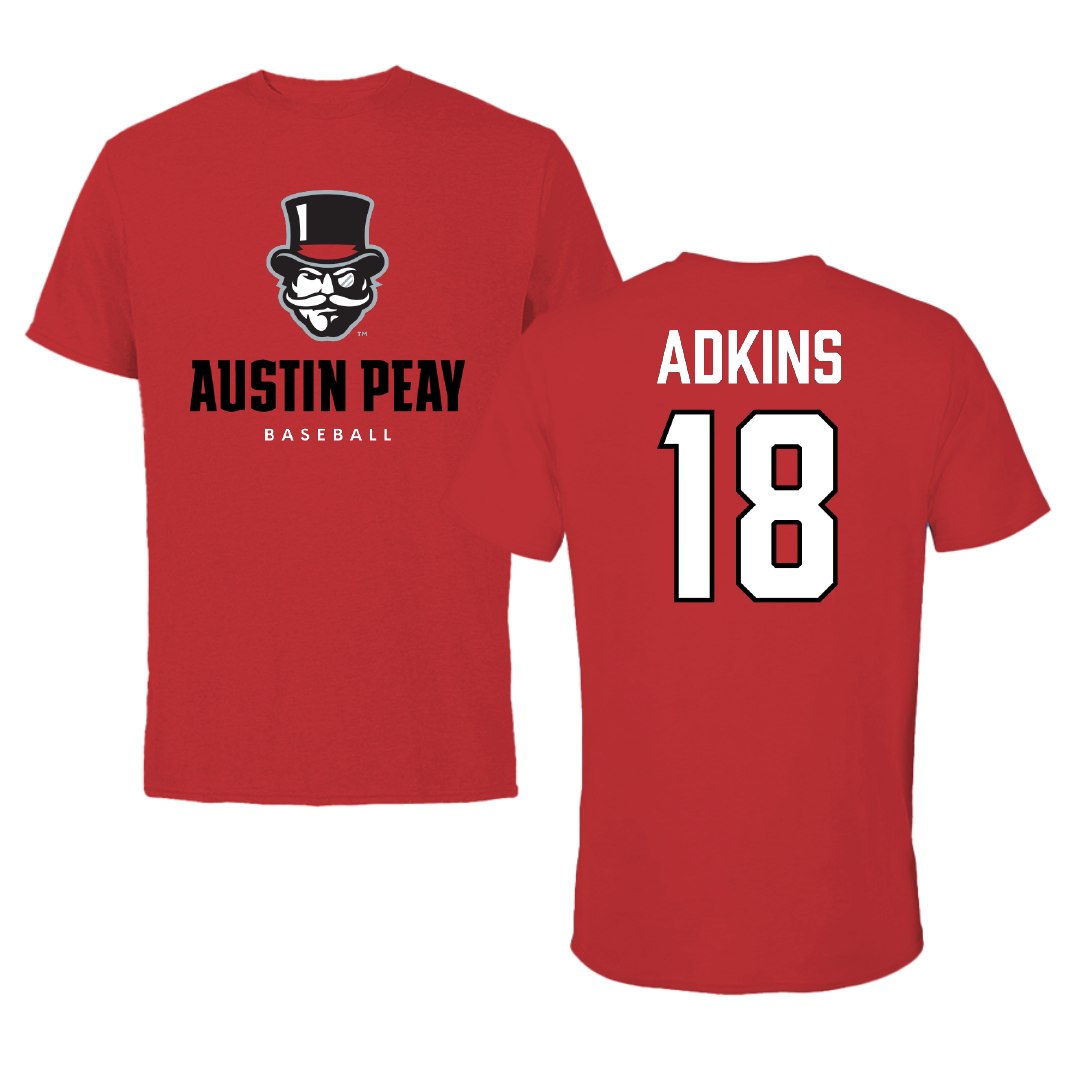 Austin Peay State University Baseball Red Mascot Performance Tee - #18 Dillon Adkins