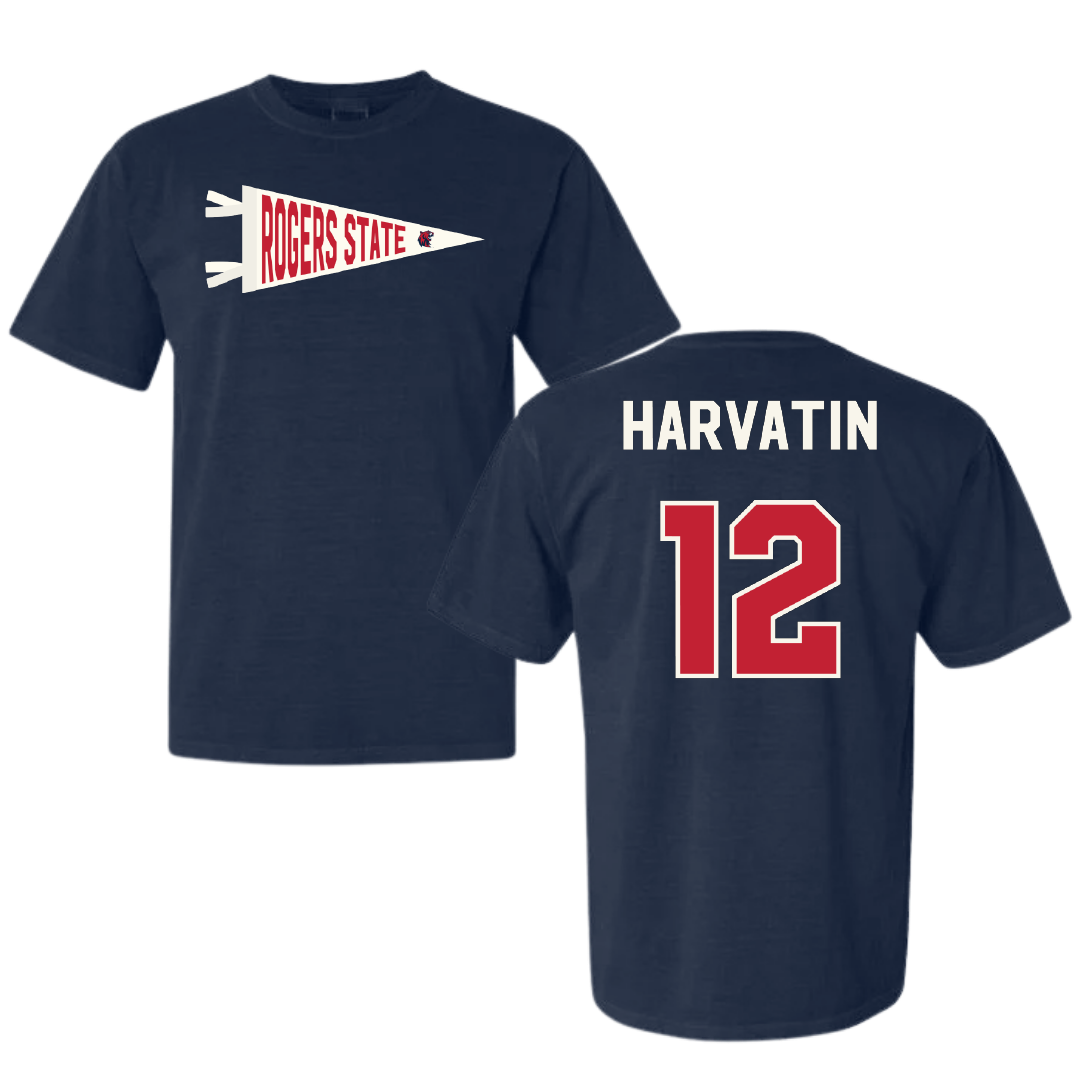 Rogers State University Soccer Navy Pennant Comfort Colors Tee - #12 Ryan Harvatin
