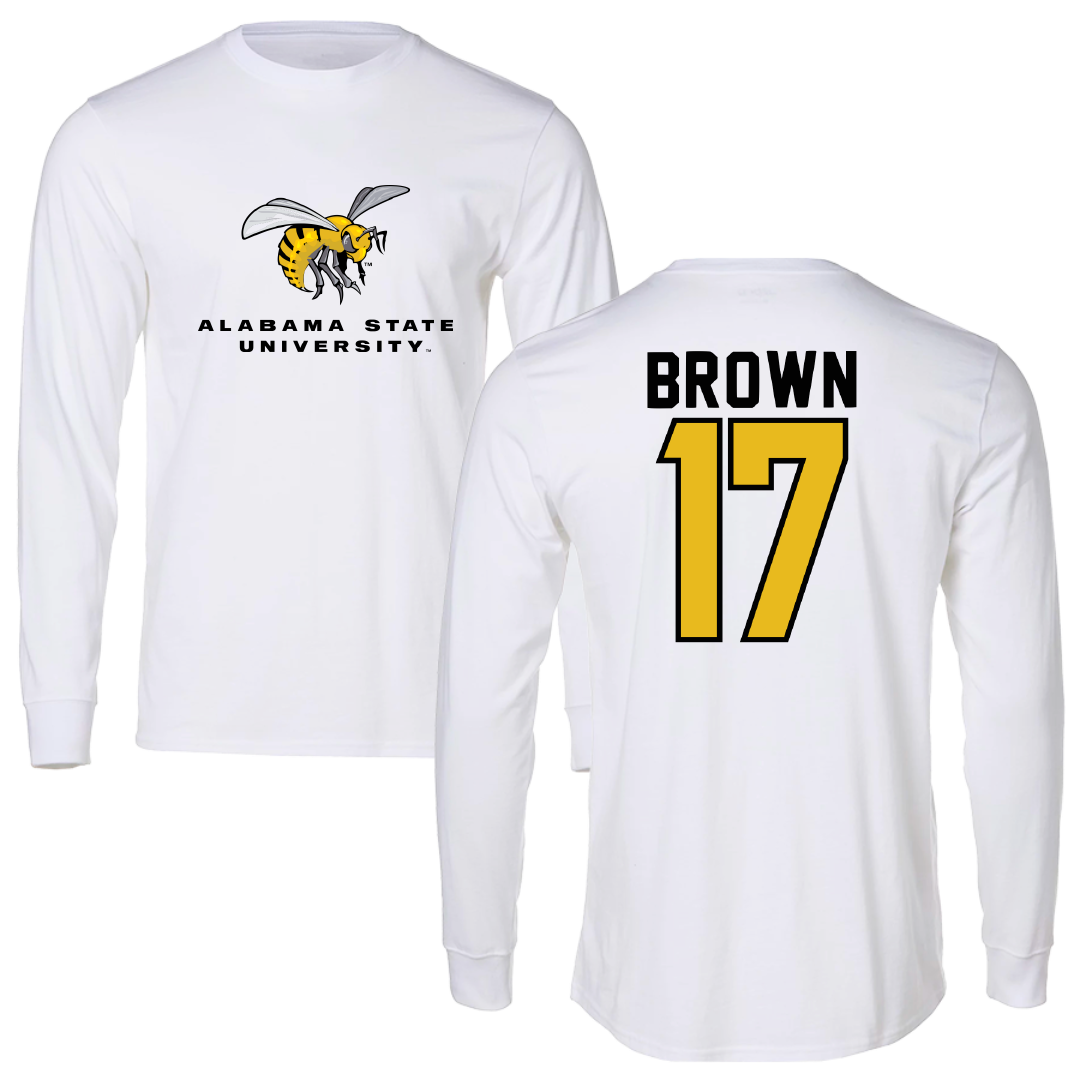 Alabama State University Flag Football White Block Long Sleeve - #17 Calvri Brown