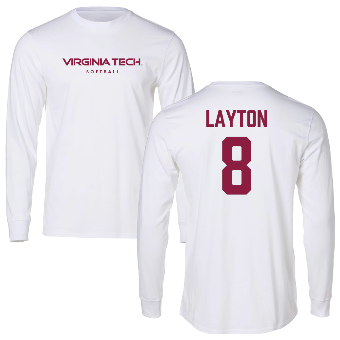 Virginia Tech Softball White Performance Long Sleeve - #8 Avery Layton