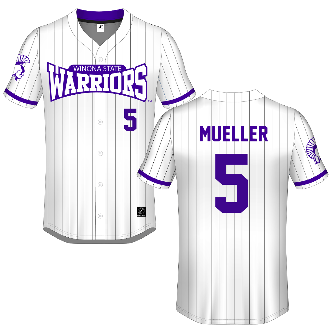 Winona State University White Pinstripe Button-Down Jersey - #5 Cayden Mueller